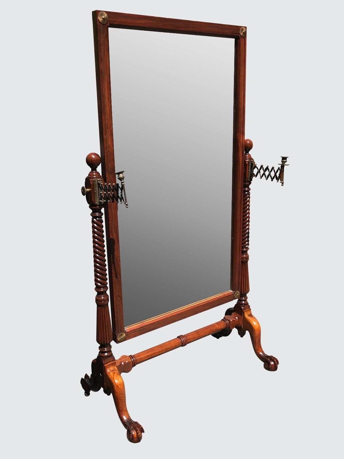 Early 19th Century Classical Mahogany Cheval Mirror on Talon Feet W/ Candle Cups