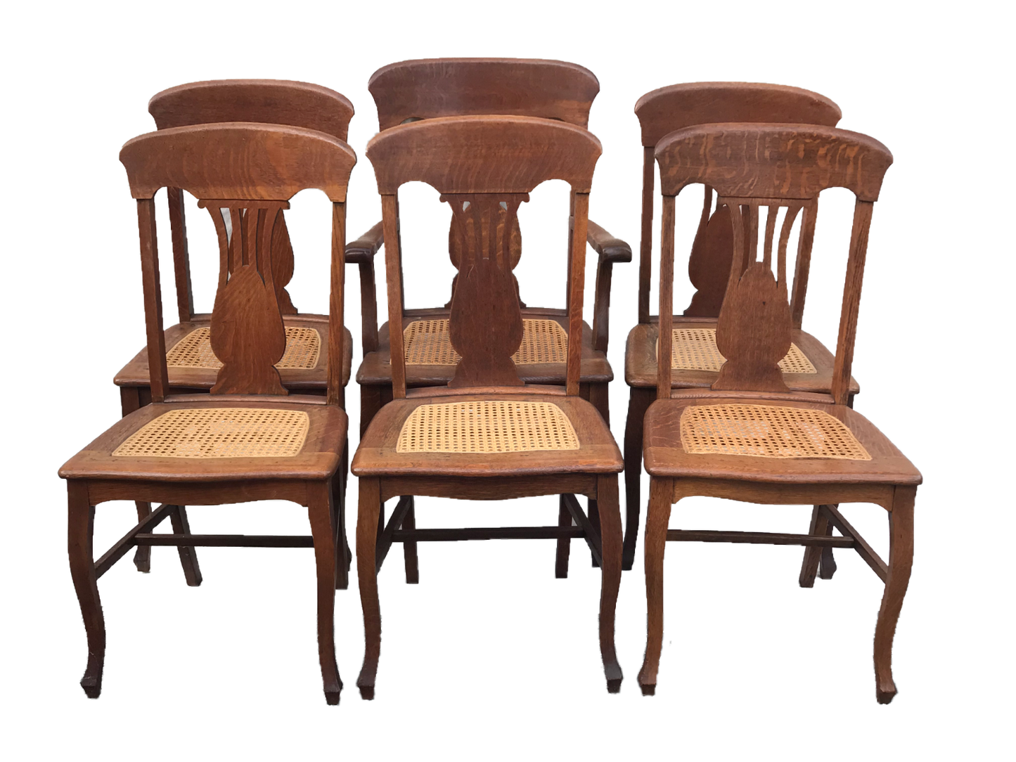 CA.1900 ANTIQUE SET 6 OAK VICTORIAN P. DERBY T-BACK DINING CHAIRS W/ CANE SEATS