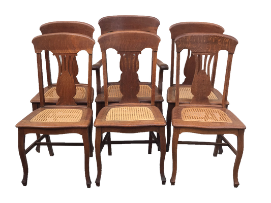 CA.1900 ANTIQUE SET 6 OAK VICTORIAN P. DERBY T-BACK DINING CHAIRS W/ CANE SEATS