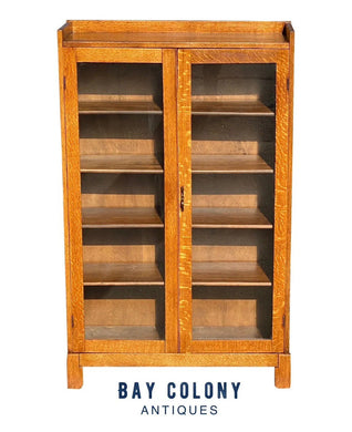 Narrow Antique Arts & Crafts Oak Double Glass Door Bookcase / China Cabinet