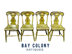 19TH C ANTIQUE SHERATON FANCY PAINT DINING CHAIRS IN BITTERSWEET GREEN PAINT