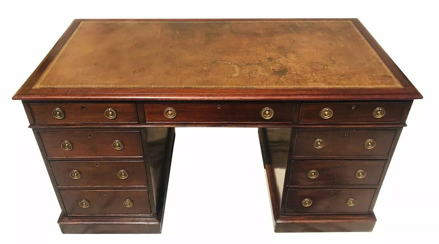 19TH C ANTIQUE CHIPPENDALE / GEORGIAN PERIOD MAHOGANY LEATHER TOP CAMPAIGN DESK