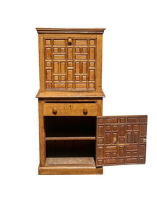 Antique Arts & Crafts Oak Liquor Cabinet With Geometric Panel Doors - Rare Size
