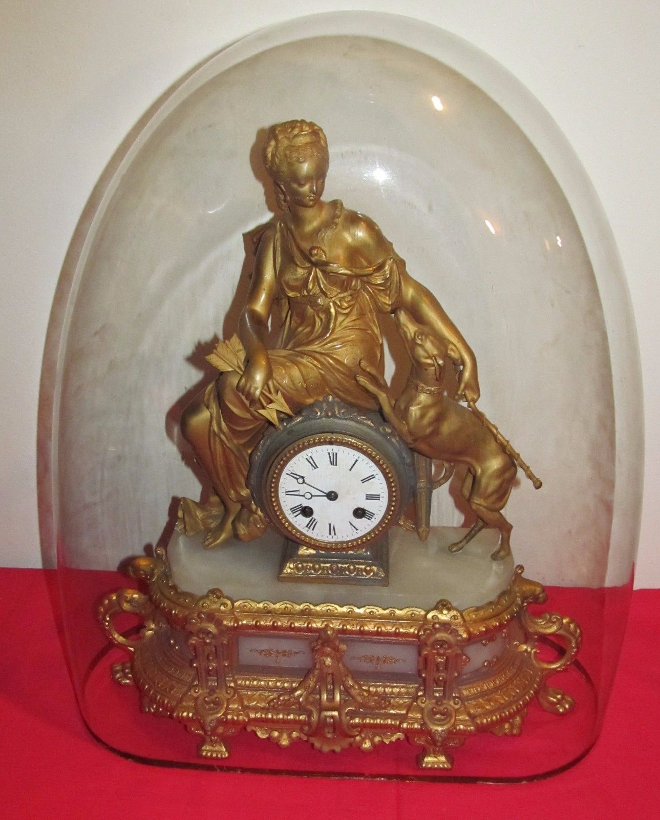 ANTIQUE HIGHLY GOLD GILT FRENCH CLOCK DEPICTING MAIDEN WITH WHIPPET - GLASS DOME