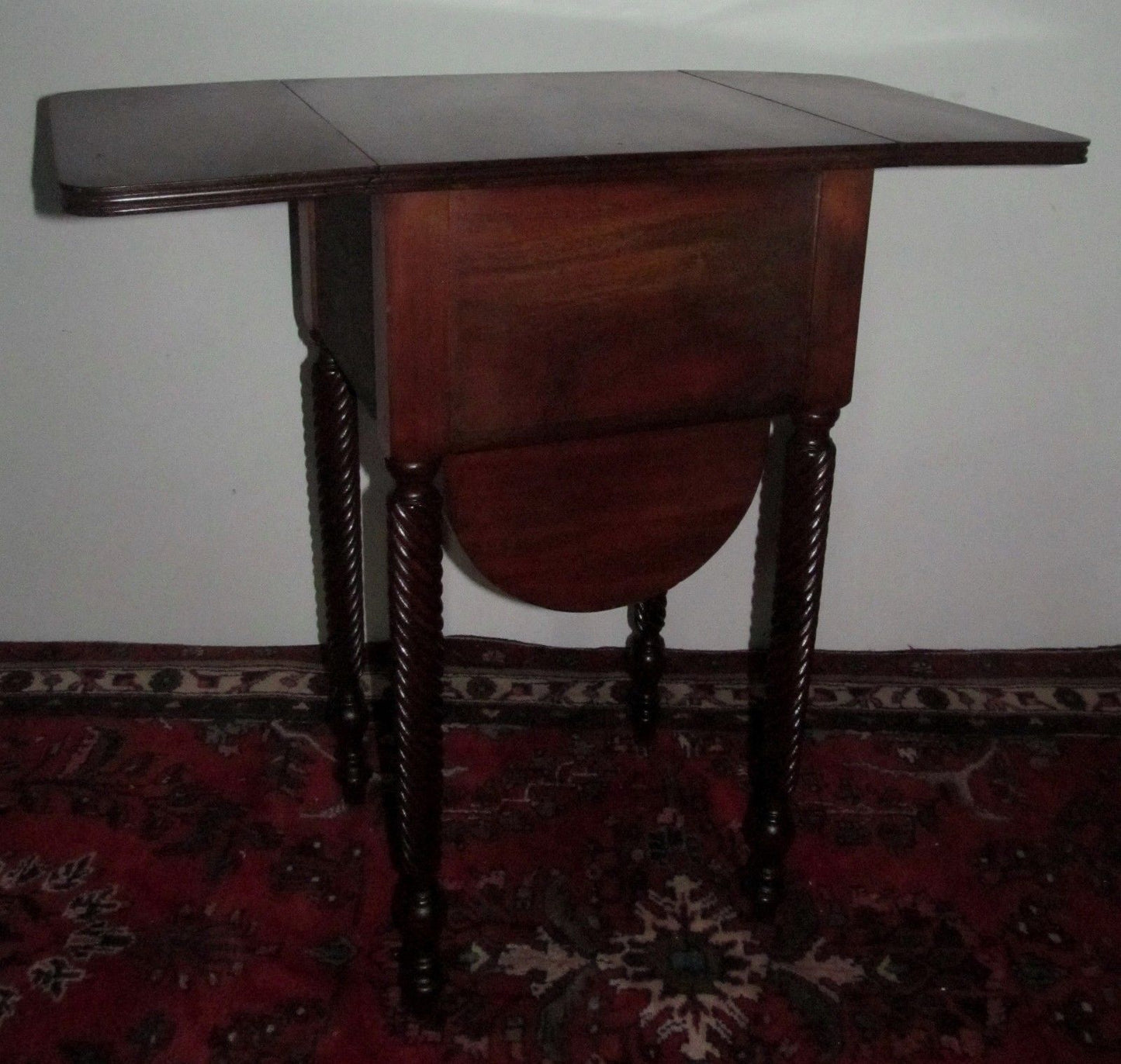 SHERATON STYLE INLAID MAHOGANY WORK TABLE WITH TWIST CARVED LEGS & BASE CABINET