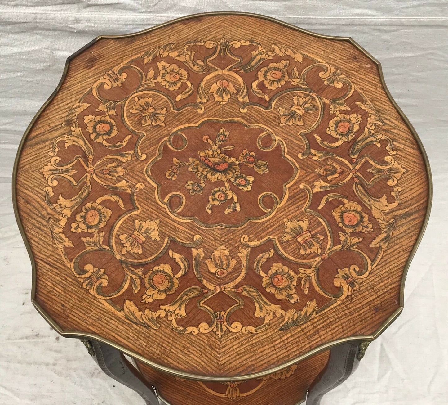 EARLY 20TH C FRENCH LOUIS XV STYLE MARQUETRY END TABLES W/ FLORAL BRASS MOUNTS