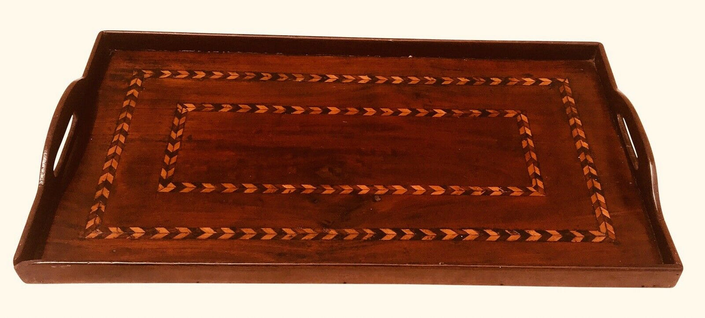 19TH C FEDERAL PERIOD ANTIQUE MAHOGANY CHEVRON INLAY BUTLERS SERVING TRAY
