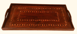 19TH C FEDERAL PERIOD ANTIQUE MAHOGANY CHEVRON INLAY BUTLERS SERVING TRAY