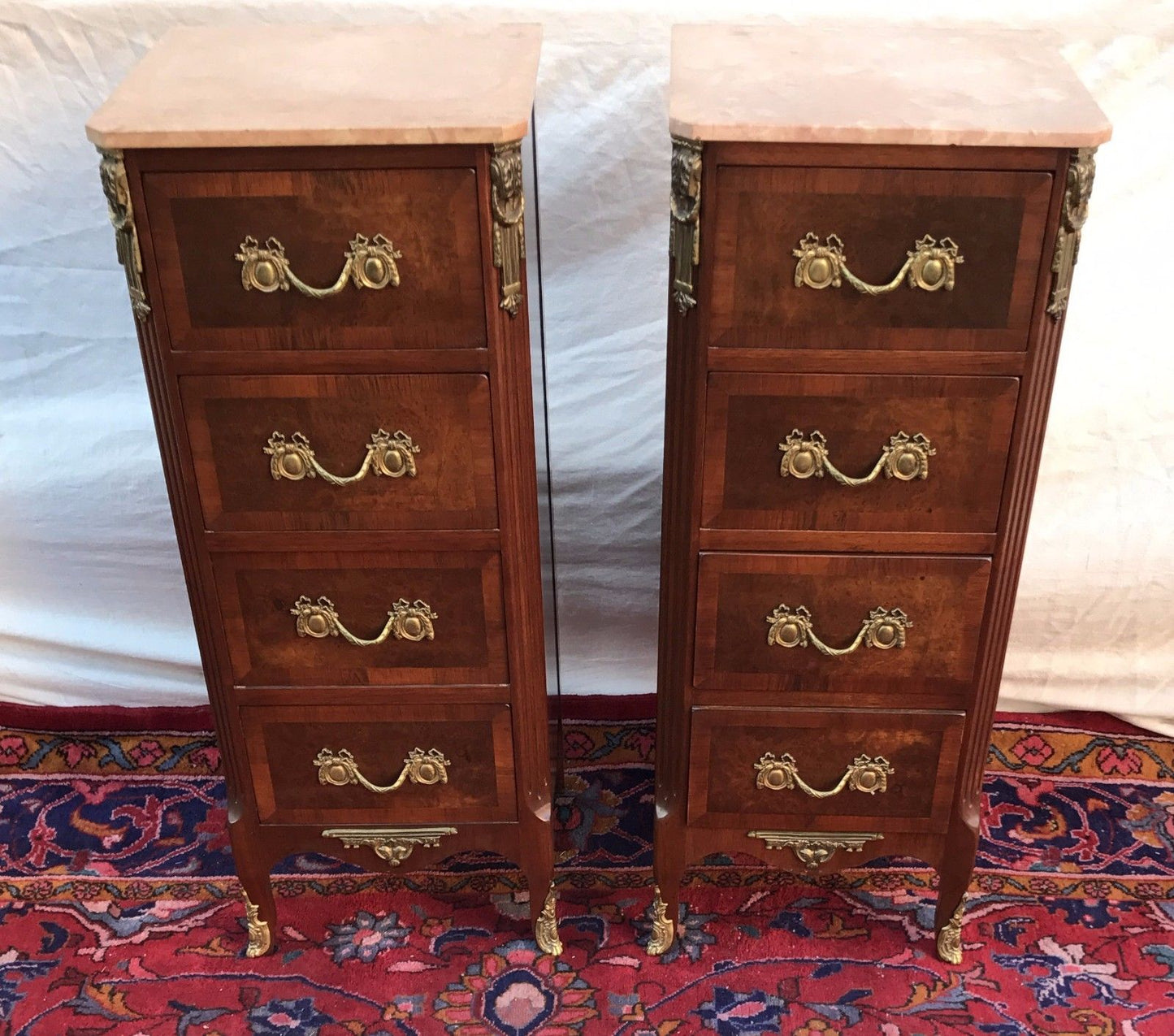 FINELY ADORNED PAIR OF FRENCH MARBLE TOPPED LINGERIE CHESTS WITH ORNAMENTATIONS