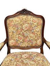 Load image into Gallery viewer, 19TH C ANTIQUE WALNUT FRENCH PROVINCAL ARM CHAIR &amp; FOOTSTOOL WITH FLORAL FABRIC