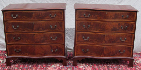 PAIR OF CHIPPENDALE SERPENTINE INLAID MAHOGANY BACHELORS DRESSERS BY J. GERTE