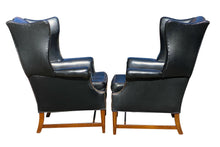 Load image into Gallery viewer, 20TH C PAIR OF CHIPPENDALE ANTIQUE STYLE BLACK LEATHER WING BACK ARM CHAIRS