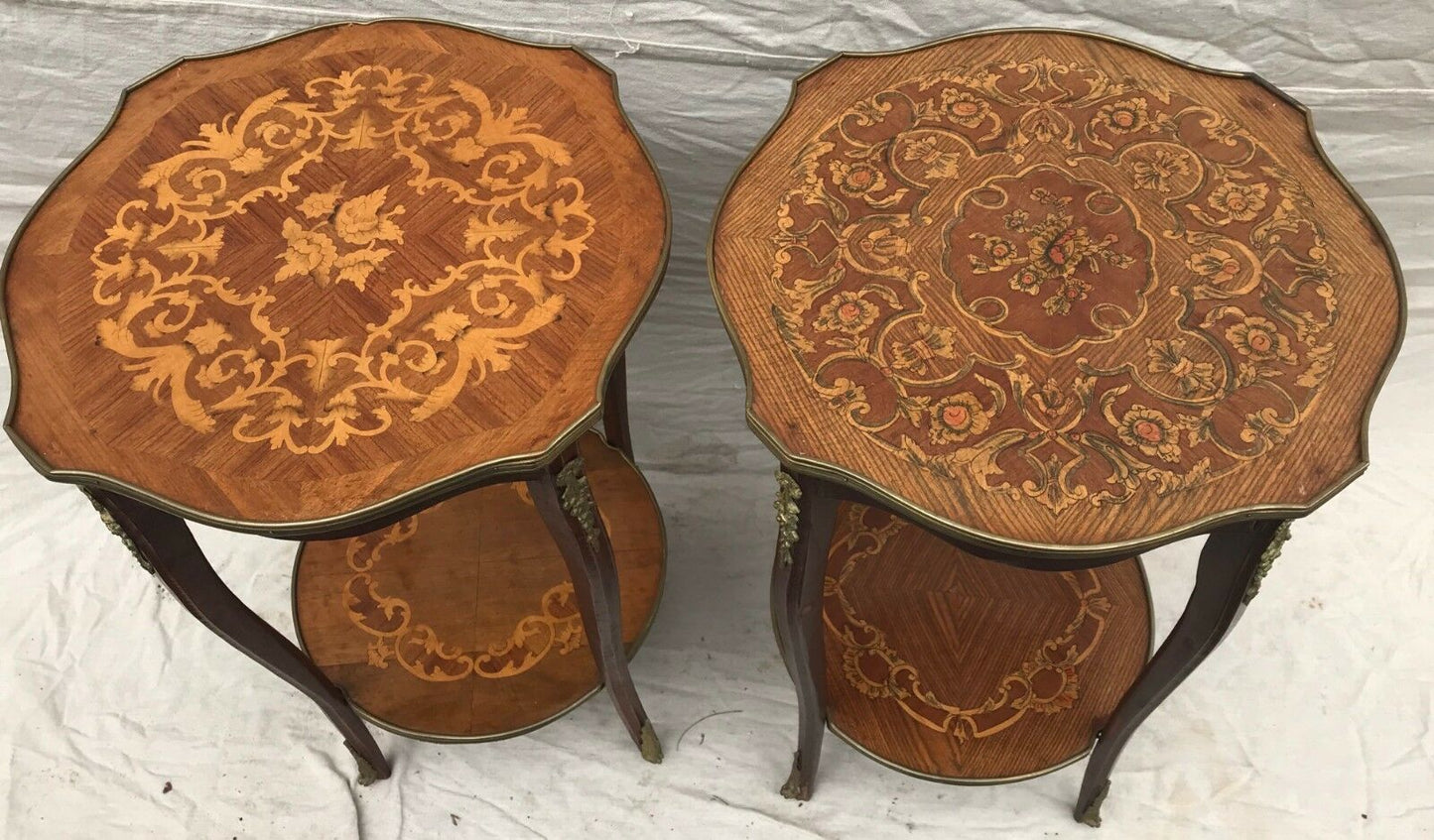 EARLY 20TH C FRENCH LOUIS XV STYLE MARQUETRY END TABLES W/ FLORAL BRASS MOUNTS