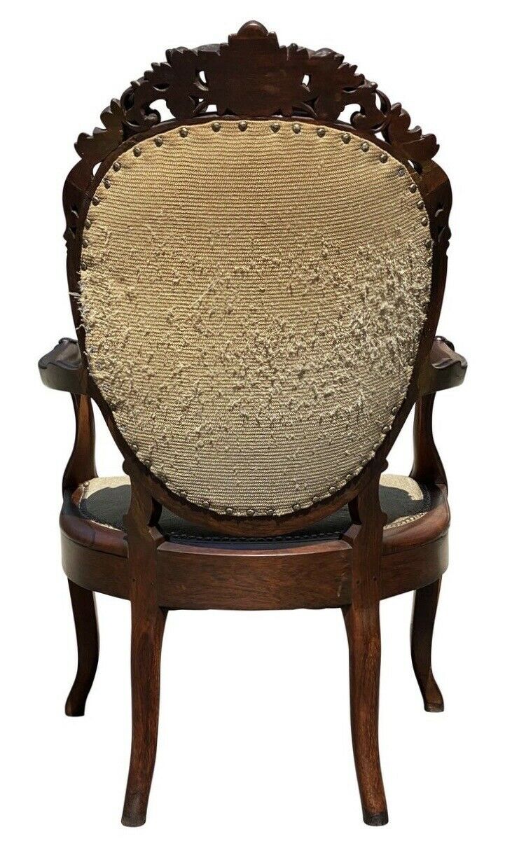 19TH C ANTIQUE VICTORIAN ARMCHAIR W/ CARVED CREST & NEEDLEPOINT SEAT