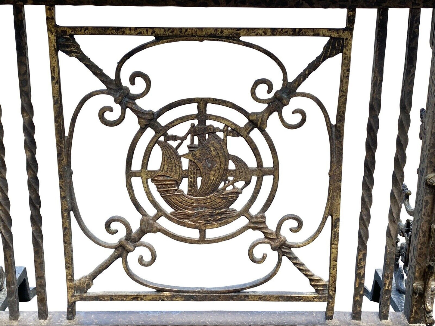 Arts & Crafts Wrought Iron & Bronze Window Bench With Nautical Ships- Oscar Bach