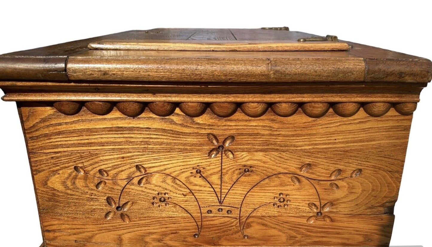 Victorian Oak Floral Carved Ice Chest With Zinc Lining & Phoenix Head Hardware