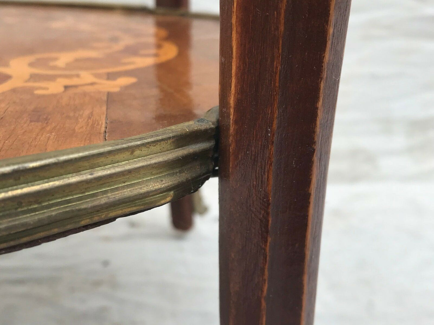 EARLY 20TH C FRENCH LOUIS XV STYLE MARQUETRY END TABLES W/ FLORAL BRASS MOUNTS