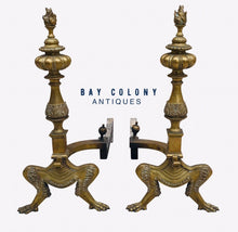 Load image into Gallery viewer, 19TH C ANTIQUE BRASS NEO CLASSICAL ANDIRONS ~ NEW YORK CITY