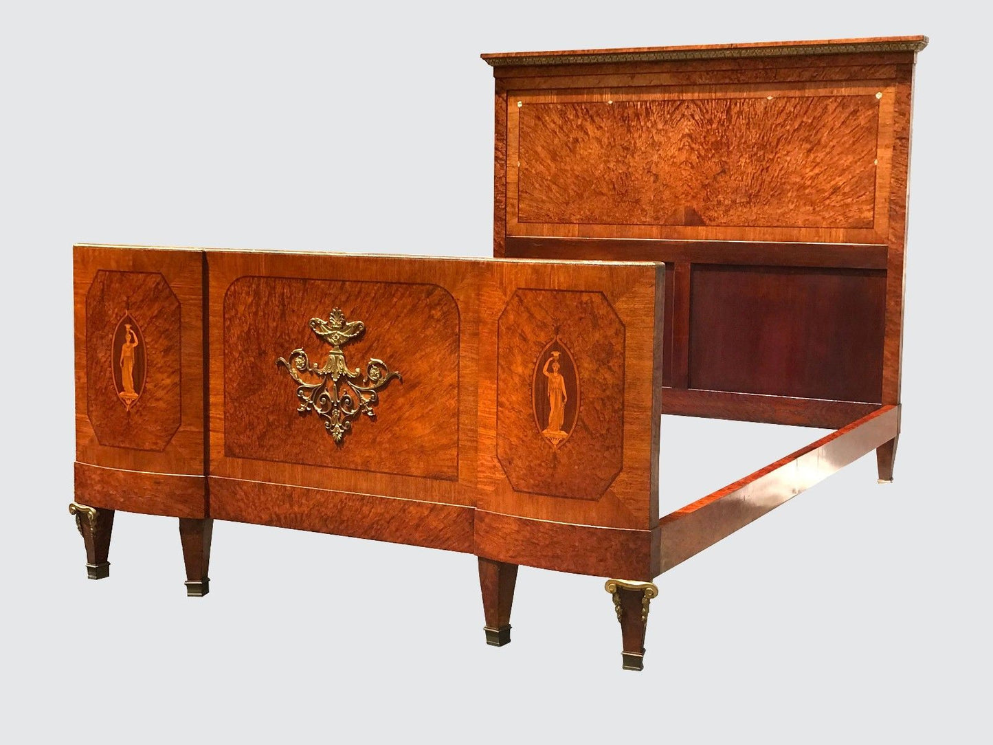 IMPORTANT FRENCH LOUIS XVI BURL WALNUT BED WITH EXTENSIVE INLAY