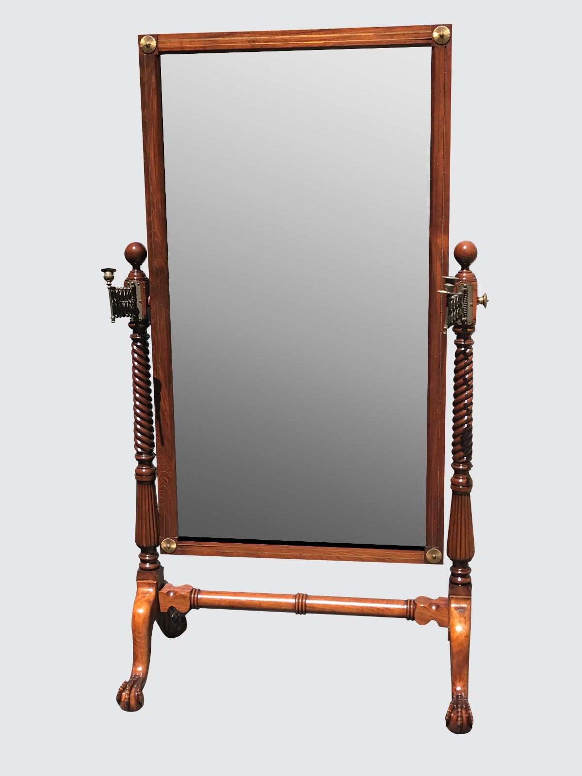 Early 19th Century Classical Mahogany Cheval Mirror on Talon Feet W/ Candle Cups