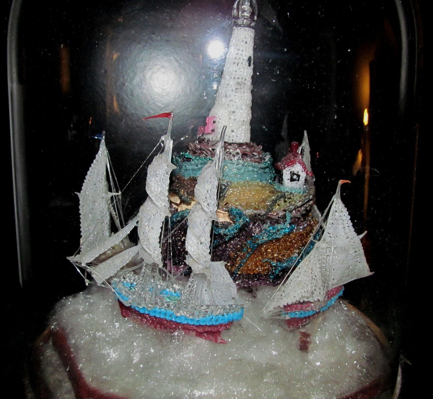 REMARKABLE ANTIQUE ART GLASS LIGHTHOUSE W/ SAILBOATS IN DOMED GLASS DISPLAY