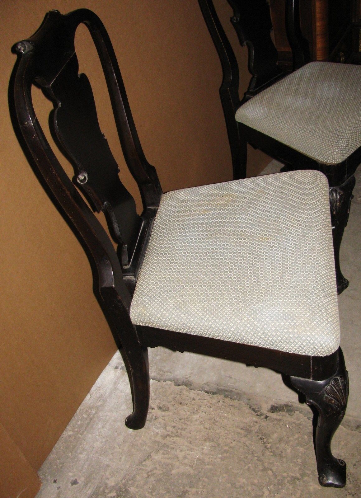 LATE 19TH CENTURY PAIR OF EBONIZED & CARVED QUEEN ANNE SPANISH FOOT SIDE CHAIRS