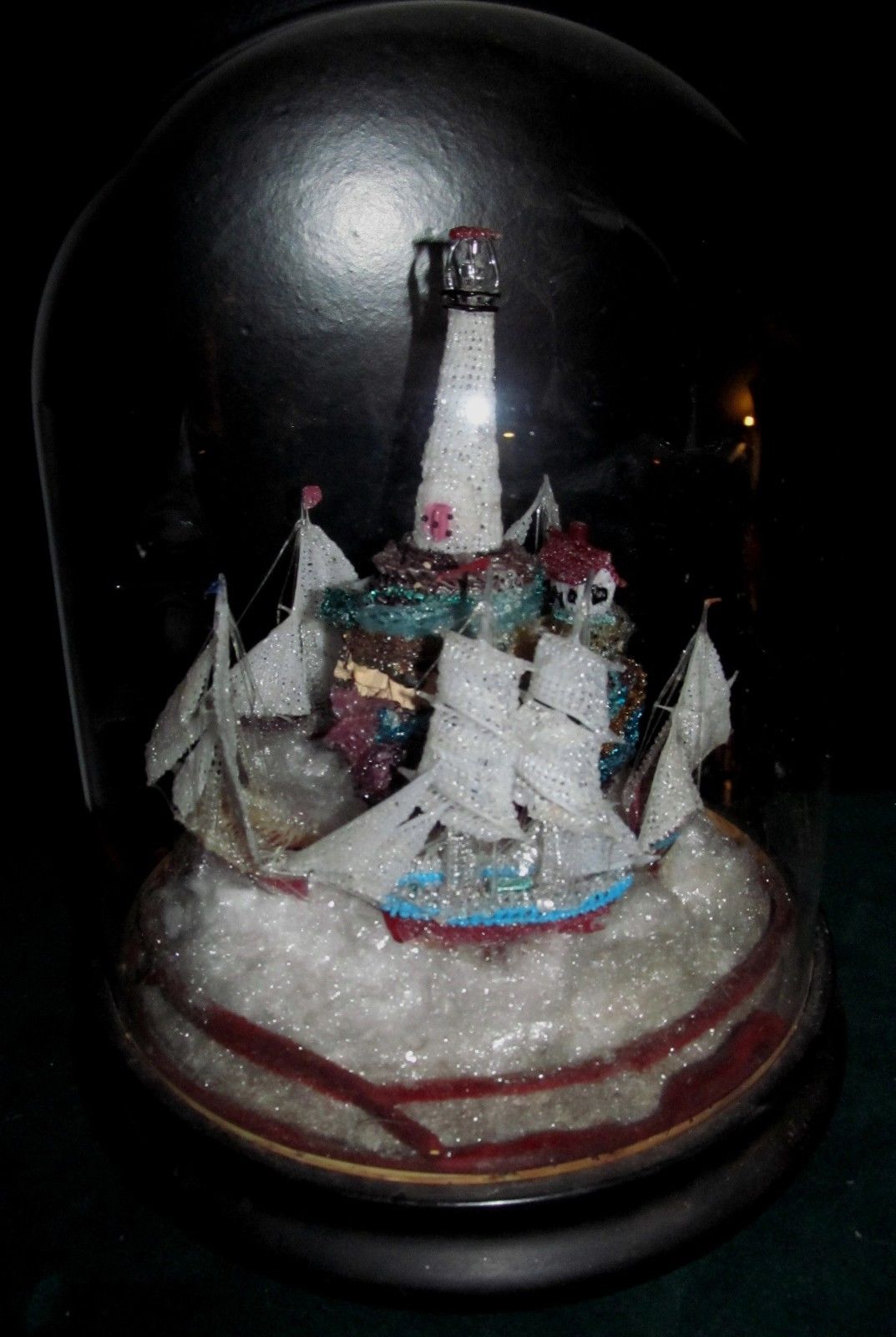 REMARKABLE ANTIQUE ART GLASS LIGHTHOUSE W/ SAILBOATS IN DOMED GLASS DISPLAY