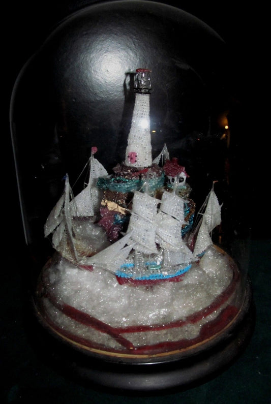 REMARKABLE ANTIQUE ART GLASS LIGHTHOUSE W/ SAILBOATS IN DOMED GLASS DISPLAY