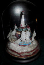 Load image into Gallery viewer, REMARKABLE ANTIQUE ART GLASS LIGHTHOUSE W/ SAILBOATS IN DOMED GLASS DISPLAY