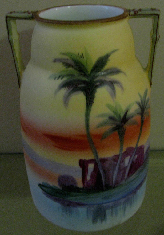 BEAUTIFUL GREEN SEAL NIPPON VASE WITH DESERT OASIS SCENE & MORIAGE APPLICATIONS