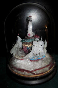 REMARKABLE ANTIQUE ART GLASS LIGHTHOUSE W/ SAILBOATS IN DOMED GLASS DISPLAY
