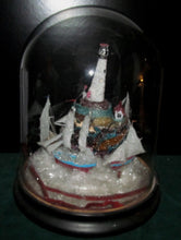 Load image into Gallery viewer, REMARKABLE ANTIQUE ART GLASS LIGHTHOUSE W/ SAILBOATS IN DOMED GLASS DISPLAY