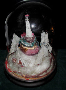 REMARKABLE ANTIQUE ART GLASS LIGHTHOUSE W/ SAILBOATS IN DOMED GLASS DISPLAY