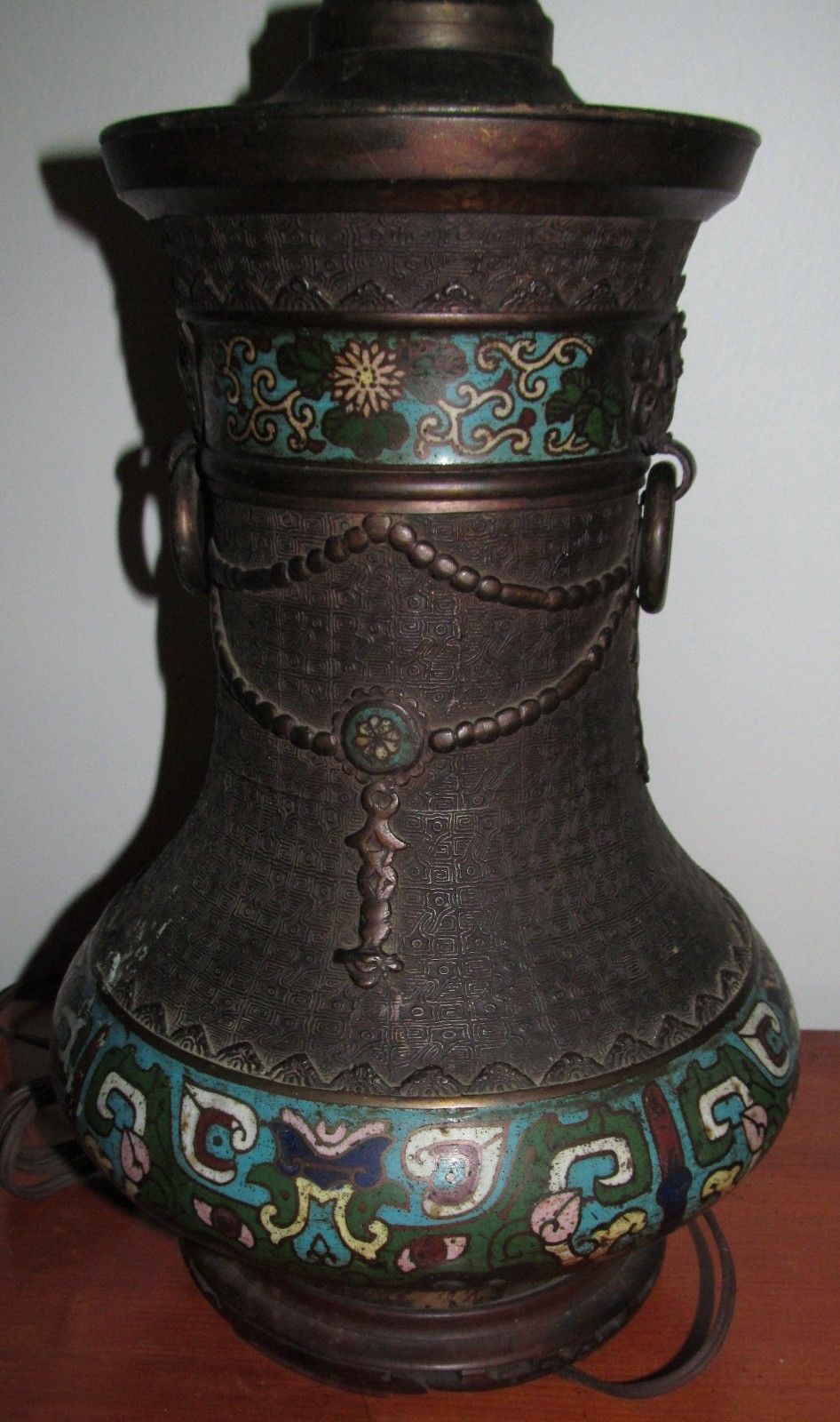 ANTIQUE CHINESE BRONZE & CHAMPLEVE LAMP WITH RING MOUNTS-EXCELLENT SPECIMEN!