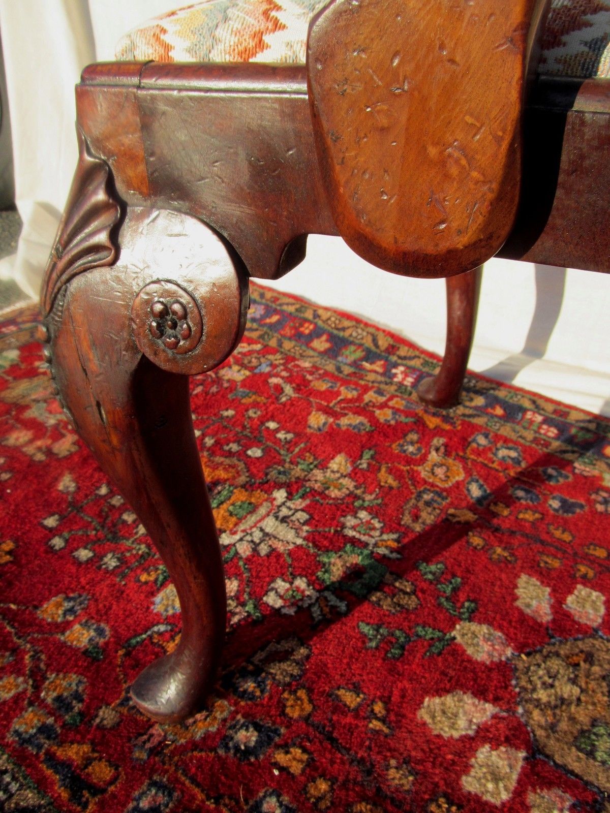 EXCEPTIONAL QUEEN ARM CARVED ARM CHAIR IN BURLED WALNUT WITH SLIPPER FEET-LOOK!