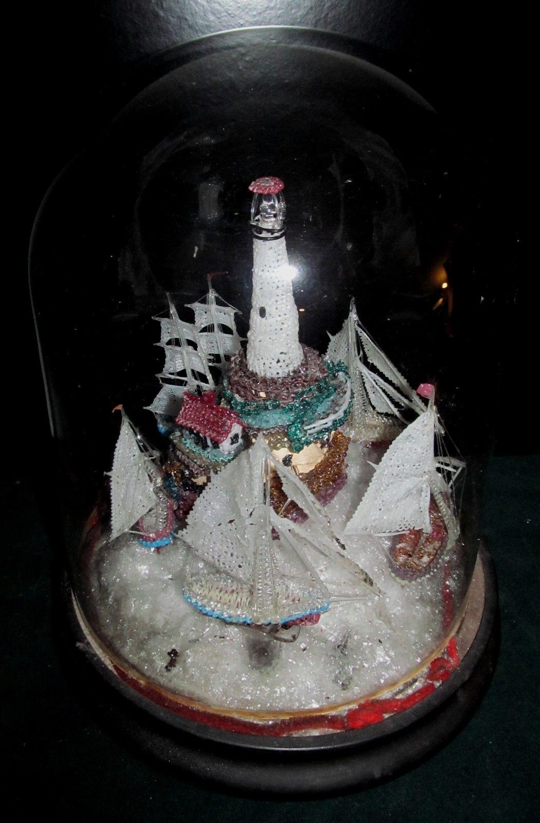 REMARKABLE ANTIQUE ART GLASS LIGHTHOUSE W/ SAILBOATS IN DOMED GLASS DISPLAY