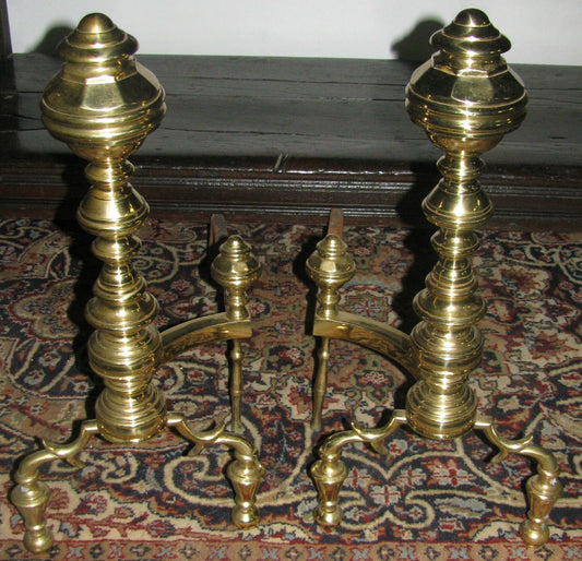 PAIR OF CHIPPENDALE STYLE BRASS ANDIRONS ON BALL FEET - EXCEPTIONAL