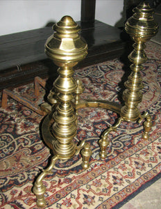 PAIR OF CHIPPENDALE STYLE BRASS ANDIRONS ON BALL FEET - EXCEPTIONAL