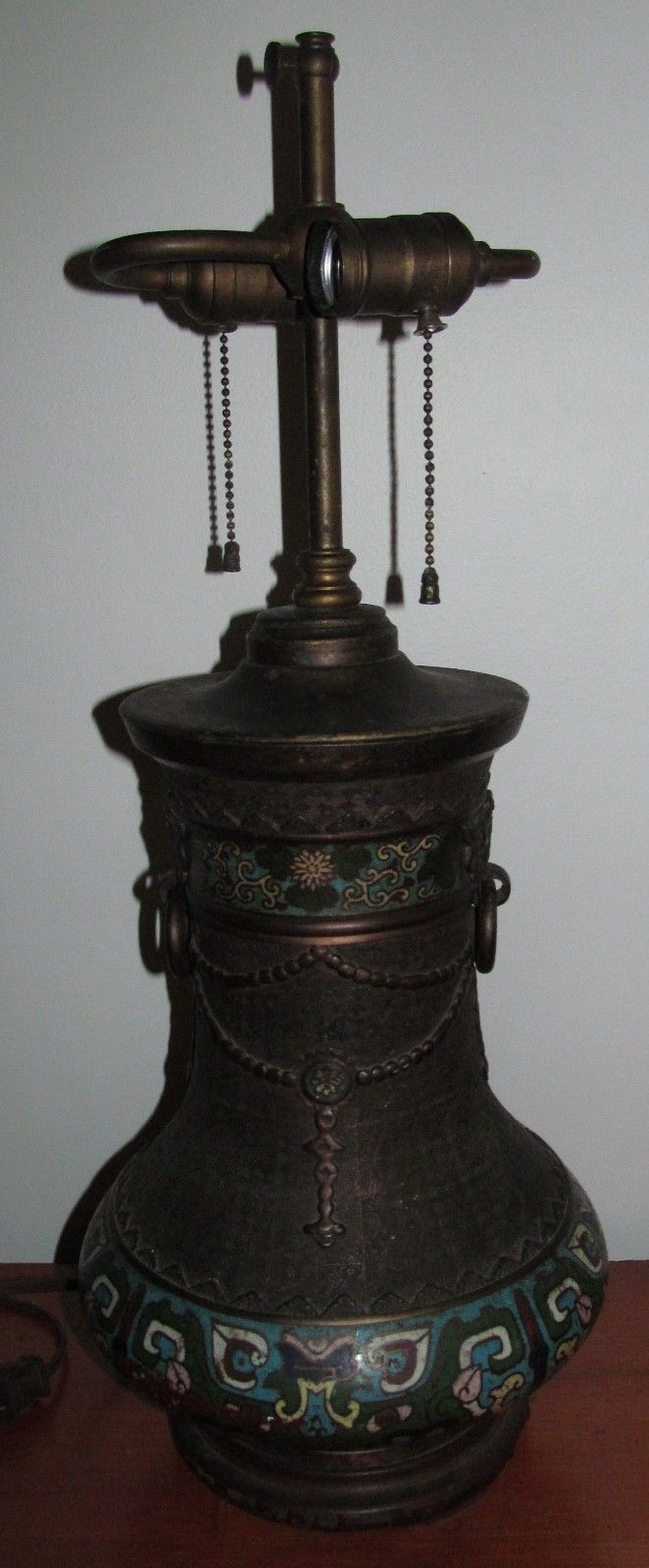 ANTIQUE CHINESE BRONZE & CHAMPLEVE LAMP WITH RING MOUNTS-EXCELLENT SPECIMEN!