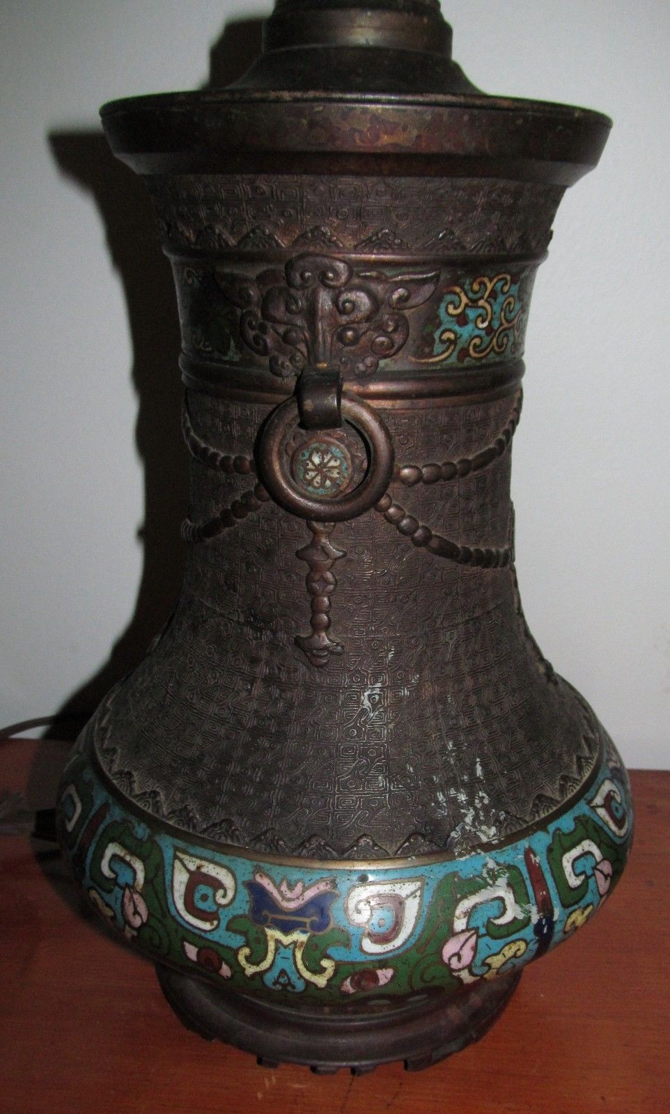 ANTIQUE CHINESE BRONZE & CHAMPLEVE LAMP WITH RING MOUNTS-EXCELLENT SPECIMEN!