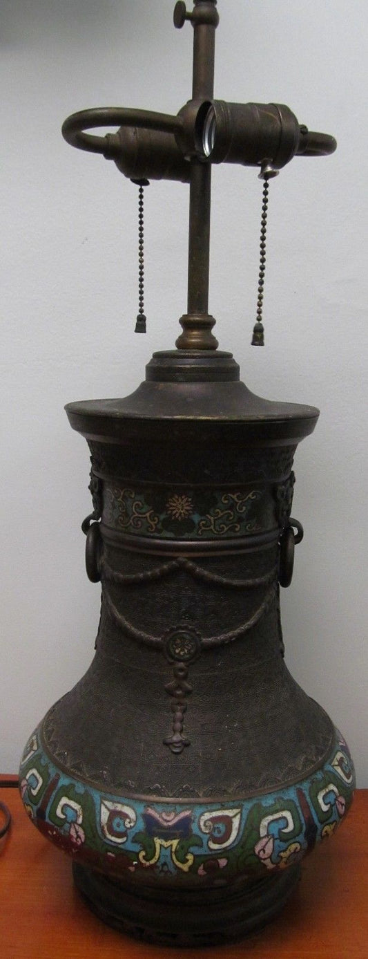 ANTIQUE CHINESE BRONZE & CHAMPLEVE LAMP WITH RING MOUNTS-EXCELLENT SPECIMEN!