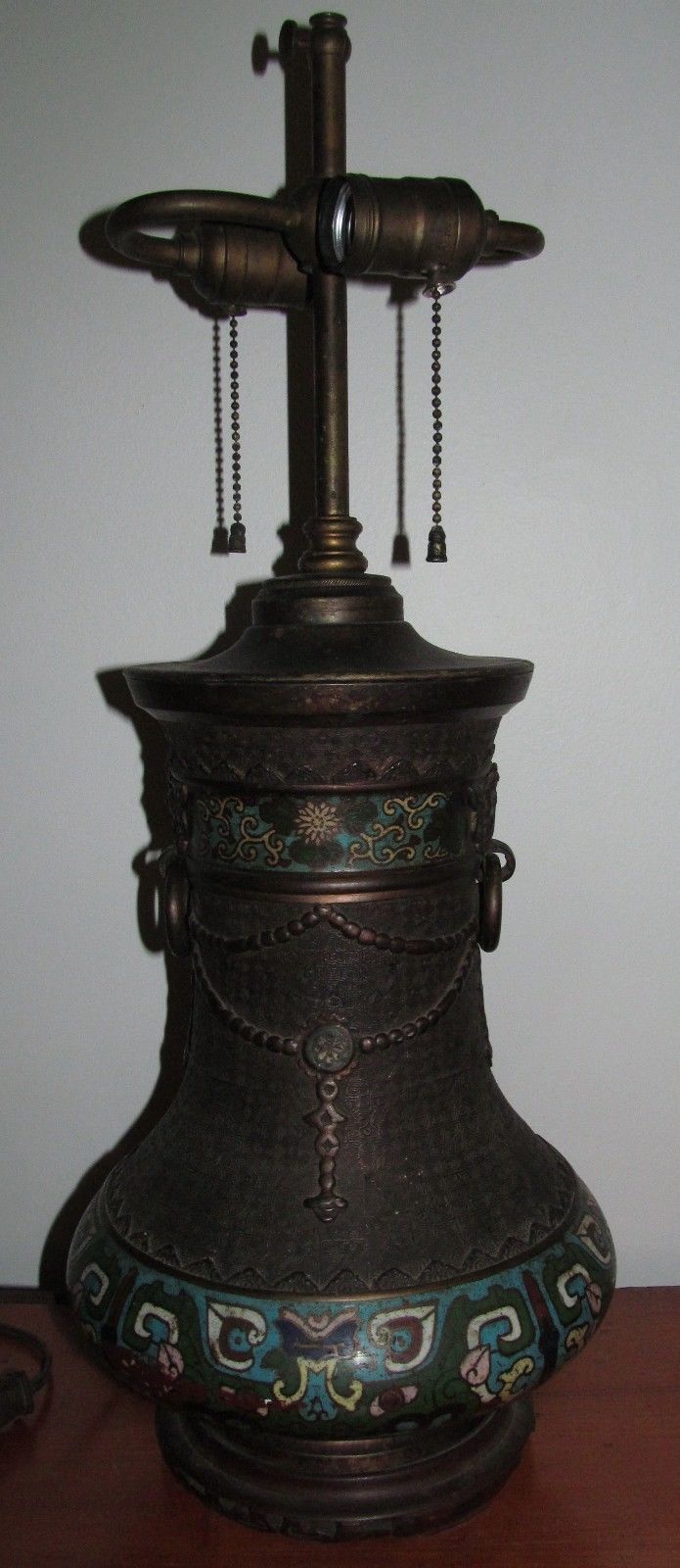 ANTIQUE CHINESE BRONZE & CHAMPLEVE LAMP WITH RING MOUNTS-EXCELLENT SPECIMEN!