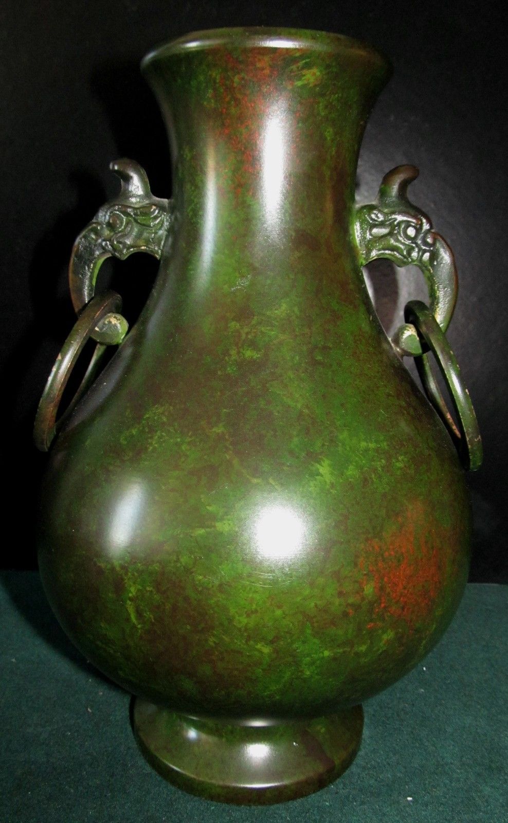 ANTIQUE CHINESE SIGNED BRONZE URN WITH ELEPHANT MOUNTS IN TEA DUST COLOR