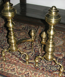PAIR OF CHIPPENDALE STYLE BRASS ANDIRONS ON BALL FEET - EXCEPTIONAL