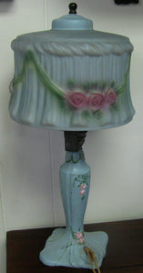 ANTIQUE ART NOUVEAU REVERSE GLASS DECORATED BOUDOIR LAMP