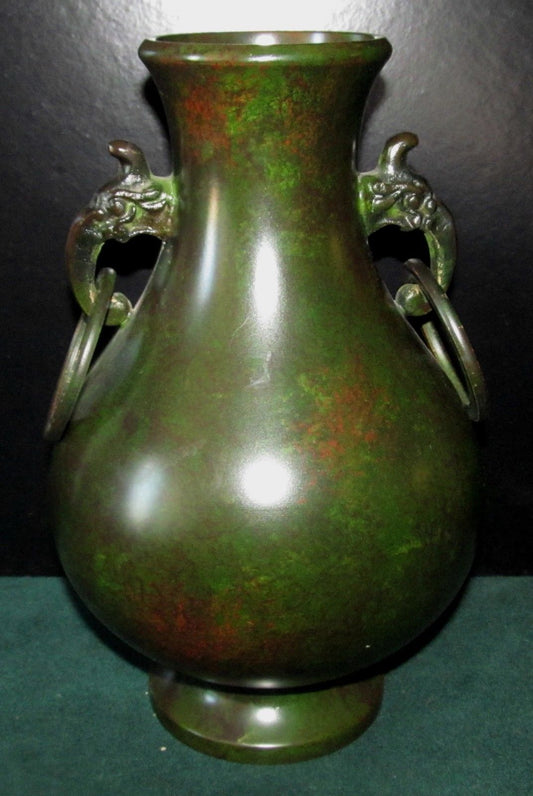 ANTIQUE CHINESE SIGNED BRONZE URN WITH ELEPHANT MOUNTS IN TEA DUST COLOR