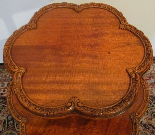 FINE CUSTOM FRENCH CARVED SATINWOOD PIE CRUST 2 TIER TABLE W/SNAIL CARVED FEET