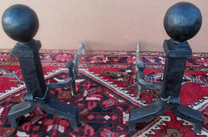 LARGE PAIR OF HAND HAMMERED ARTS & CRAFTS ANDIRONS WITH ADJUSTABLE FIREDOGS-