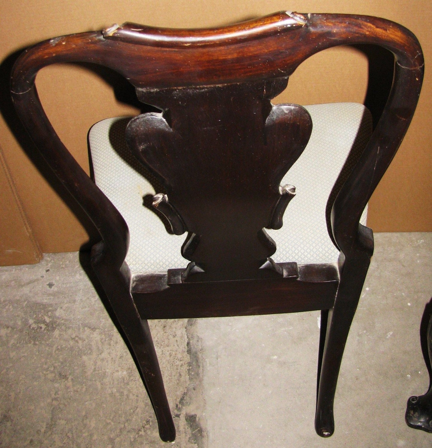 LATE 19TH CENTURY PAIR OF EBONIZED & CARVED QUEEN ANNE SPANISH FOOT SIDE CHAIRS