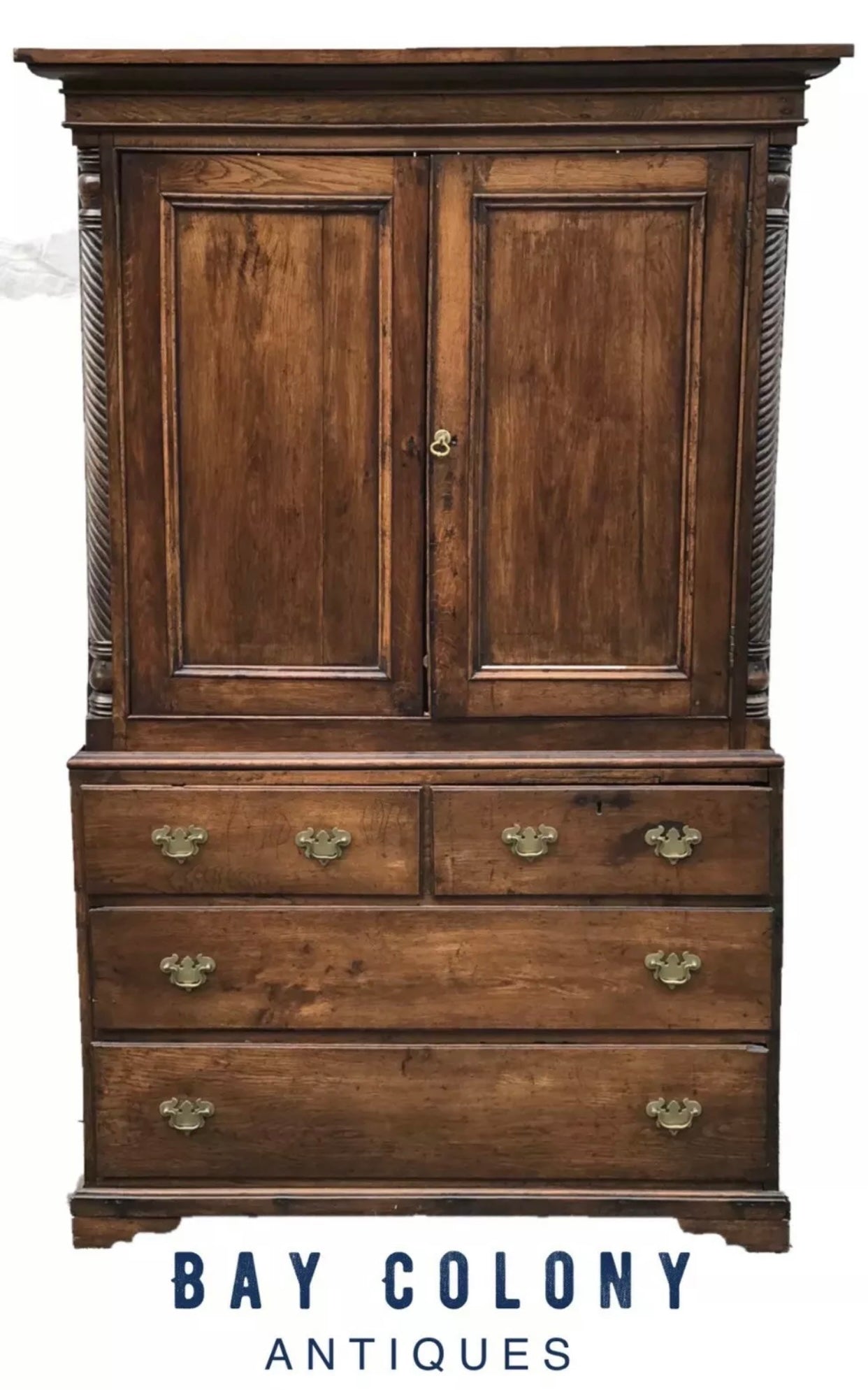 18TH C ENGLISH CHIPPENDALE GEORGE III YEW ANTIQUE LINEN PRESS / CUPBOARD CABINET